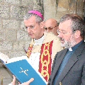 Roman Catholic Bishop Declan Lang of Clifton and Church of England Bishop Michael Perham of Gloucester pray together at the unveiling of the Memorial to the Catholic Martyrs of Gloucester