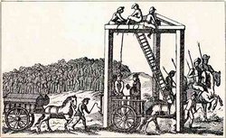 The Tyburn Tree, the three-sided gallows erected in 1571. Dr John Storey, a Catholic member of Parliament who had escaped to the Low Countries, was kidnapped in Bergen op Zoom and became its first victim on 1 June 1571